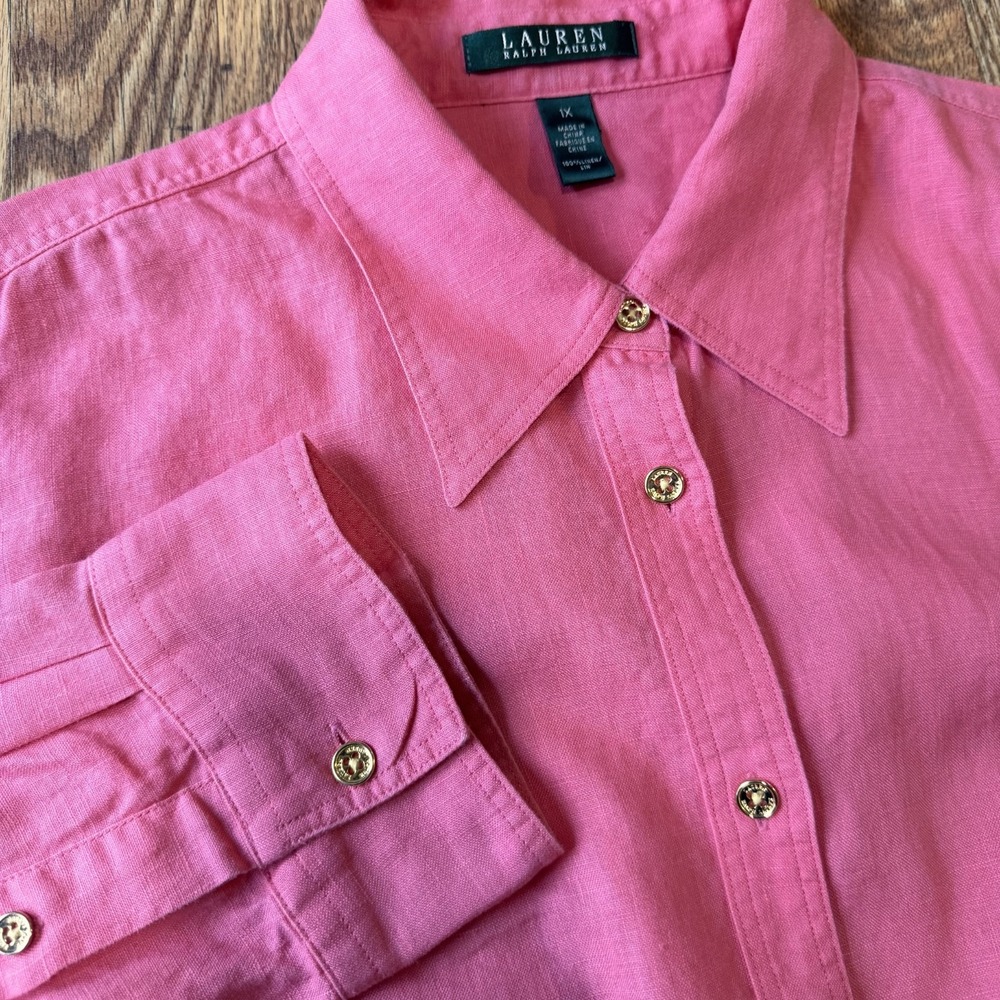 Lauren Ralph Lauren Womens Linen Button Up Shirt Size XL 1X Pink Roll Tab Sleeve